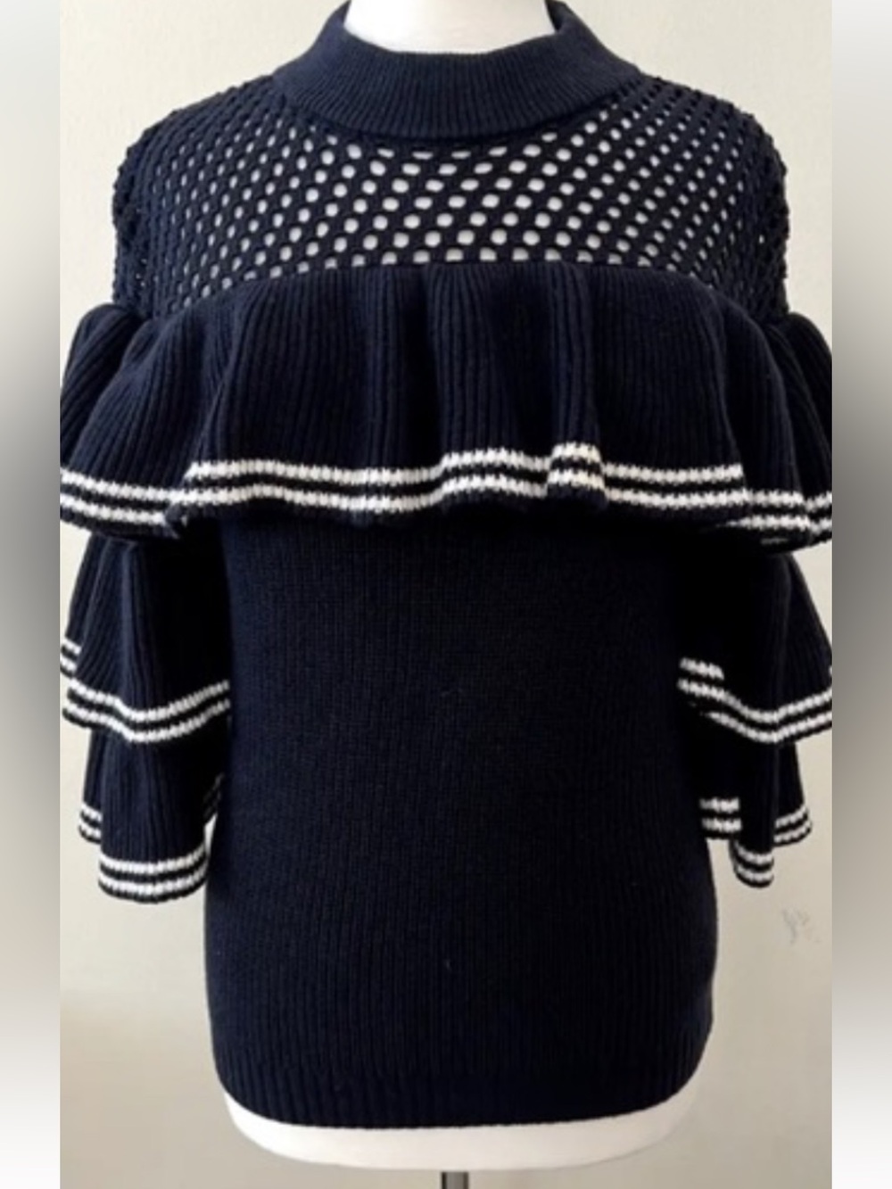 Self Portrait Womens M Frill
Open Knit Sweater Ruffle White Wool Blend